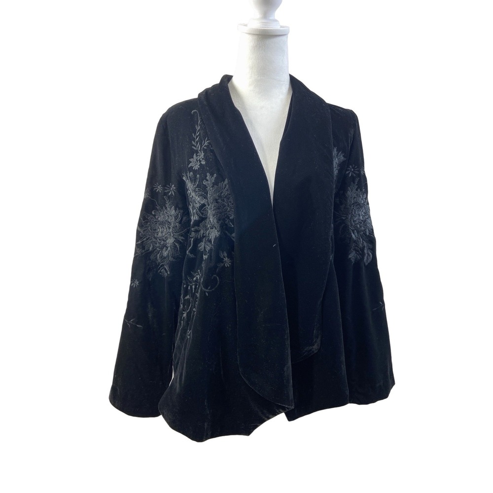 Zara Woman Jacket Womens Small Black Velvet Floral Embroidered Open Front Lined